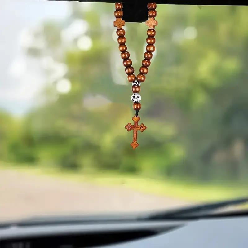 Wooden Bead Cross Car Mirror Pendant, Rearview Mirror Accessory, Prayer Bracelet, Decorative Item, Perfect Gift Choice