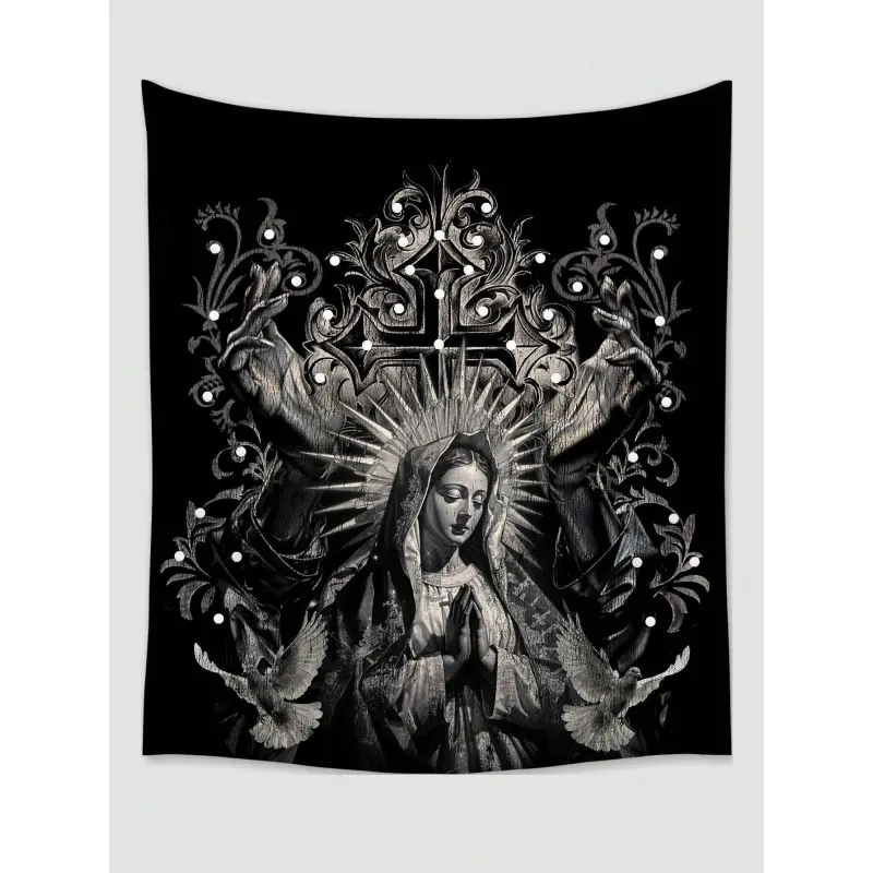 ROMWE Goth 1pc Dark Holy Lady White Dove & Cross Printed Polyester Decorative Tapestry, Suitable For Daily Living Room Bedroom Wall Decoration, Camping Decoration, All Seasons