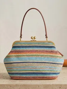 Kiss-lock Bag for Women Kiss Lock Purses and Handbag Large Straw Beach Shoulder Bag Summer Straw Tote Messenger Clutch Bags