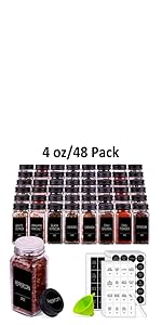 25 Spice Jars with 547 Labels- Glass Spice Jars with Black Metal Caps, 4oz Empty Spice Containers with Shaker Lids, Funnel, Chalk Pen, Square Seasoning Bottles for Spice Rack, Drawer, Cabinet