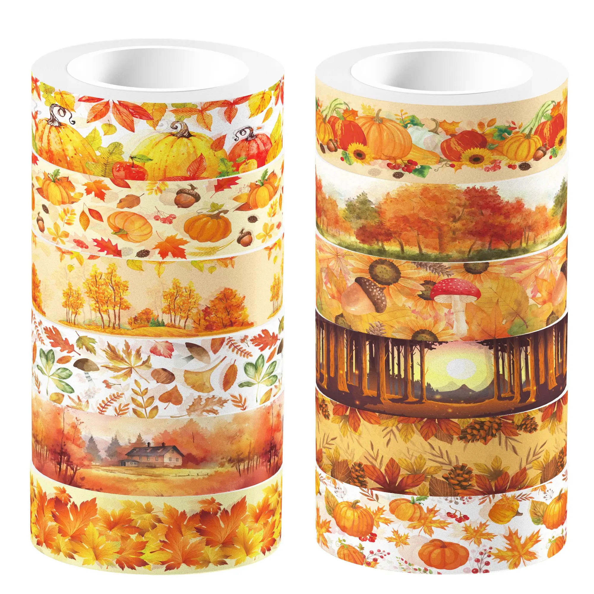 12 Rolls Autumn Maple Leaf Pumpkin Thanksgiving Theme Washi Tape, Transparent Adhesive, DIY Scrapbooking Decor, Handmade Craft Supplies