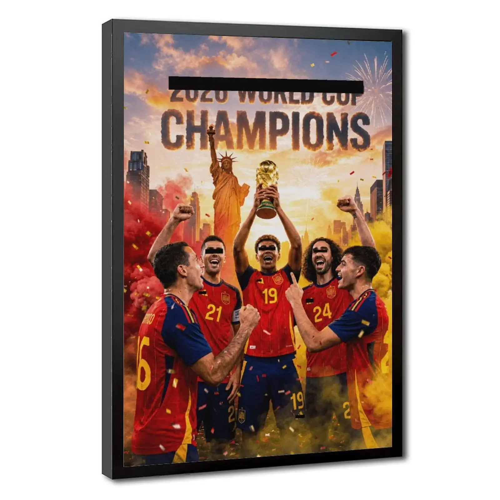 Spain 2026 Champion Poster Wall Poster Warm Golden Hour Cityscape Lamine Yamal Young Star Holding Trophy Soccer Wall Picture for Fans
