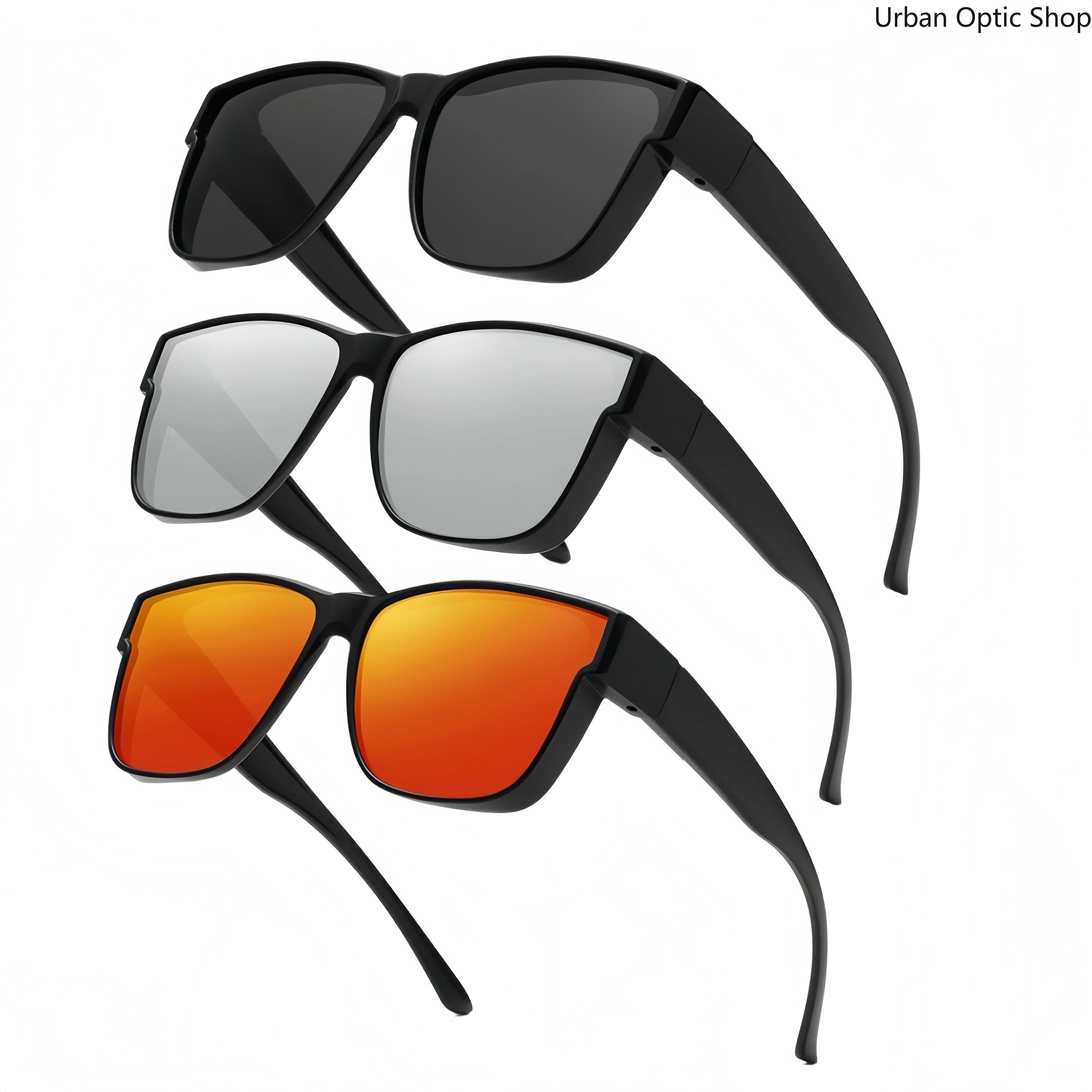 XUH 3pcs Unisex Nylon Flip-Up Overglasses Sunglasses - Black Frame, Silver Mirrored Lenses, UV400 Sun Protective, Easy Adjustment, Dual-Use for Myopia Wearers, Driving, Fishing, Mirrored Shades