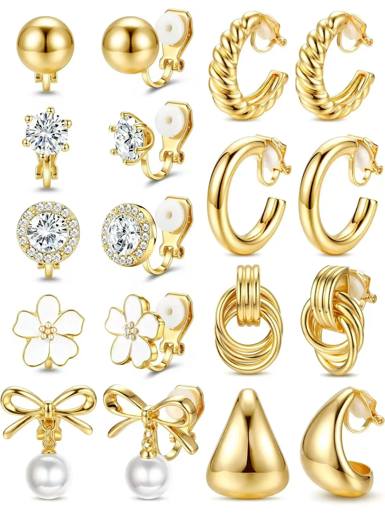 Clip On Earrings for Women 14K Gold Plated Clip Earrings Non Pierced Ears Clips CZ Pearl Knot Twist Chunky Hoop and Studs Earring Stacking Set Hypoallergenic Fake Earings Jewelry