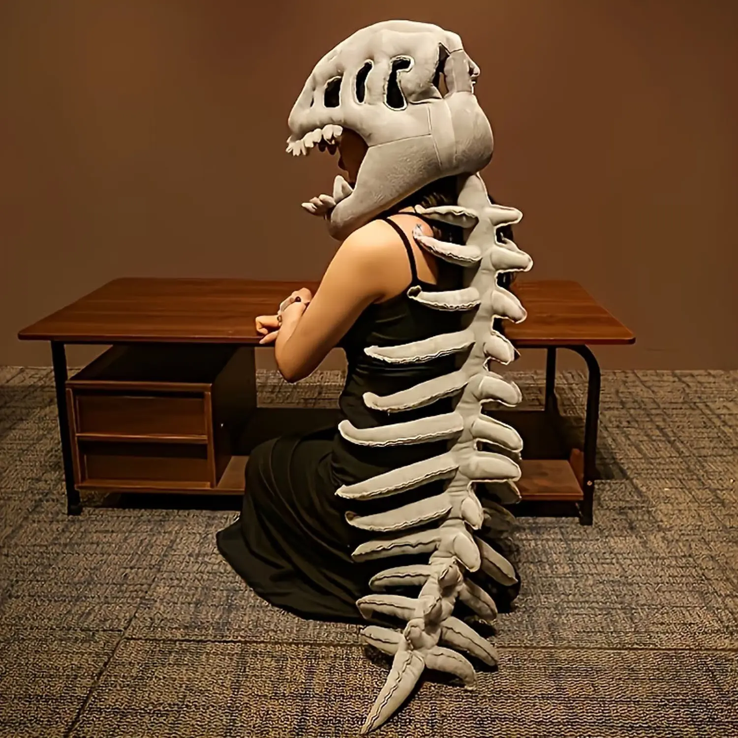 Wearable Spinosaurus Dinosaur Skeleton Plush Costume Set, 3D Skeleton Cape with Plush Skull Head, Kids Halloween Cosplay