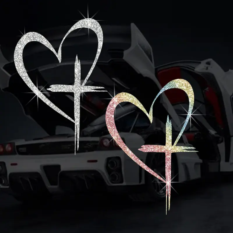 Bling Rhinestone Heart Cross Car Stickers Christian Faith Decals Glitter Religious Crucifix Waterproof Auto Exterior Windows Laptop Decoration Religious Gift