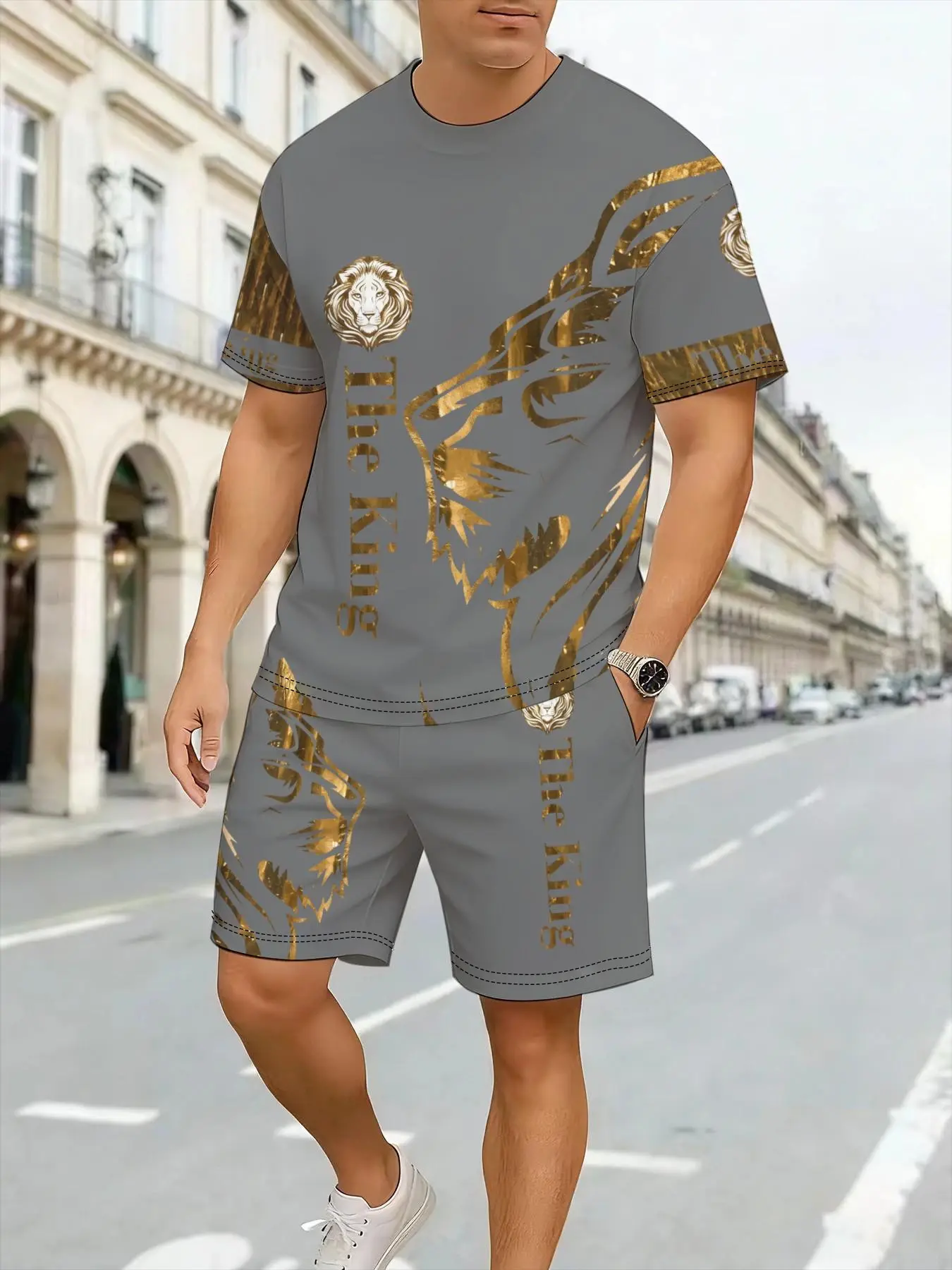 Men's Lion Pattern Set, Casual Short Sleeve Top and Track Shorts, Geometric Print, Drop Waist, Fitted, Comfortable Daily Wear, Menswear
