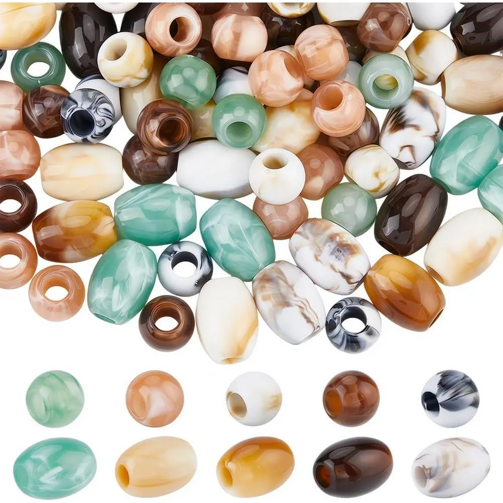 150 count  Chunky Large Hole Hair Beads for  Making | 1 Box Imitation Painted Stone European Round Oval Barrel Charms Loose Bead for Hairs Braids Bracelet Keychains DIY Crafts