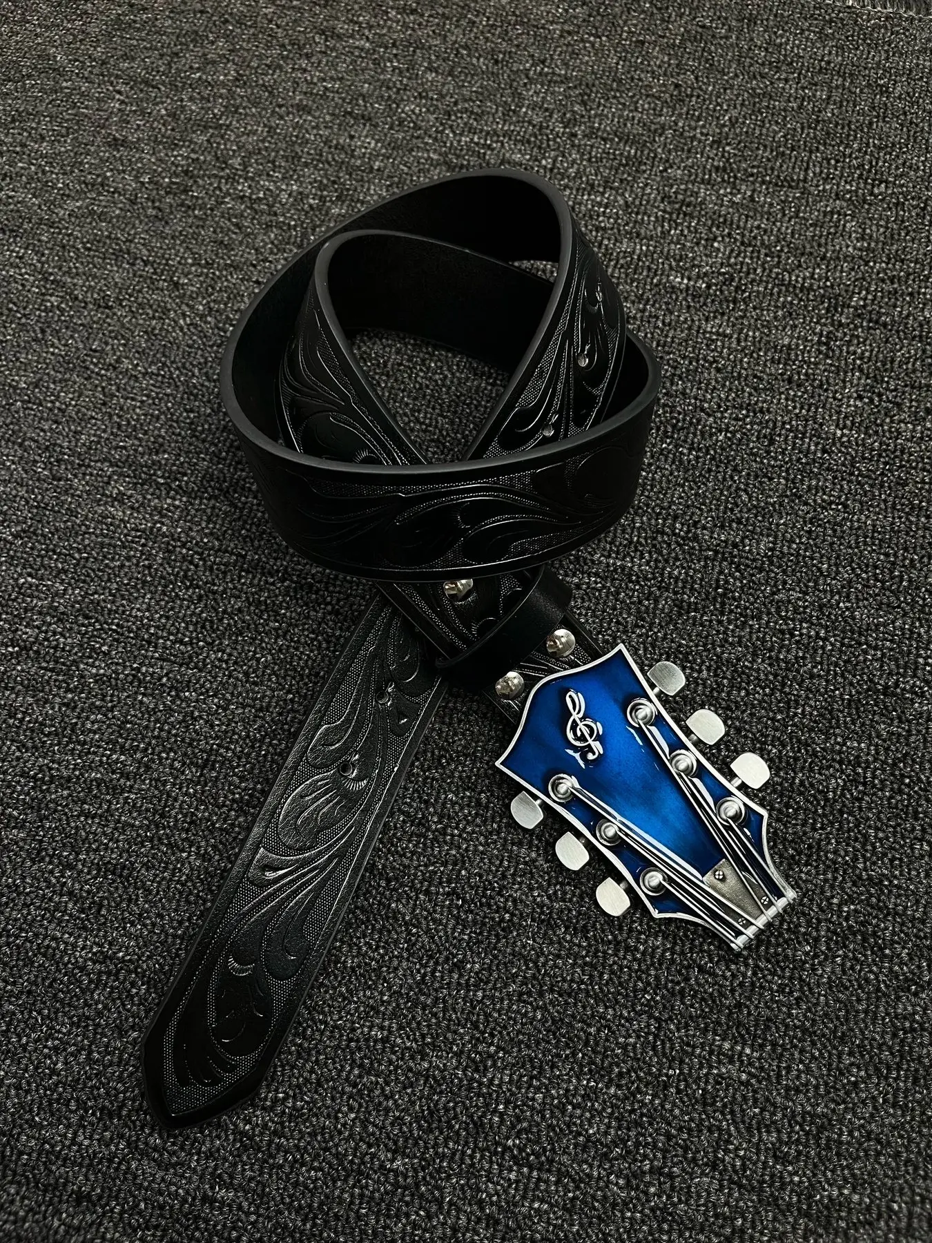 Suitable for both men and women Blue electric guitar belt, Western cowboy men's and women's belt, trendy piano, retro street dance, hip-hop big head belt