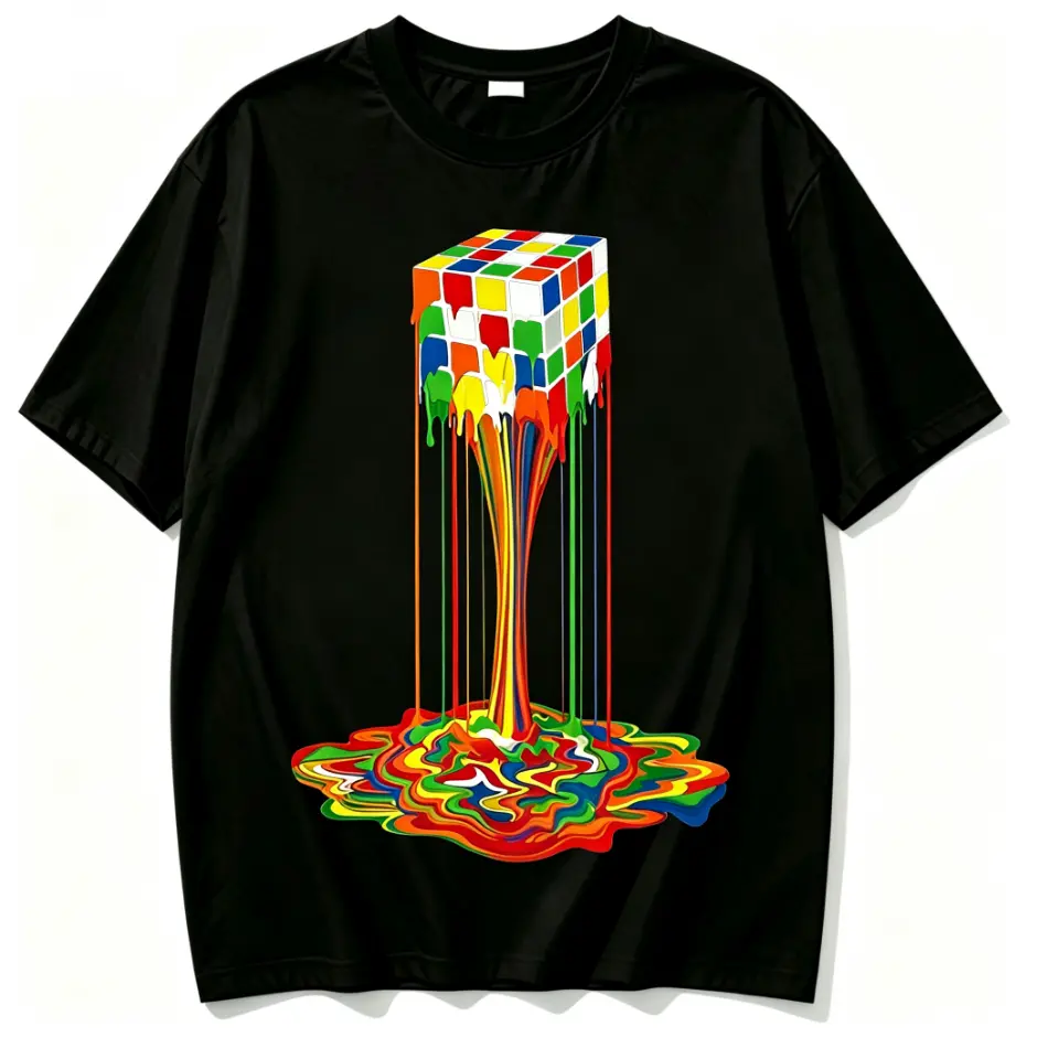 100% Melting Rainbow Rubik's Cube Color Drip Paint Graphic T Shirt Retro Game Toy Psychedelic Liquid Color Print Lightweight Soft Short Sleeve Streetwear Casual Top