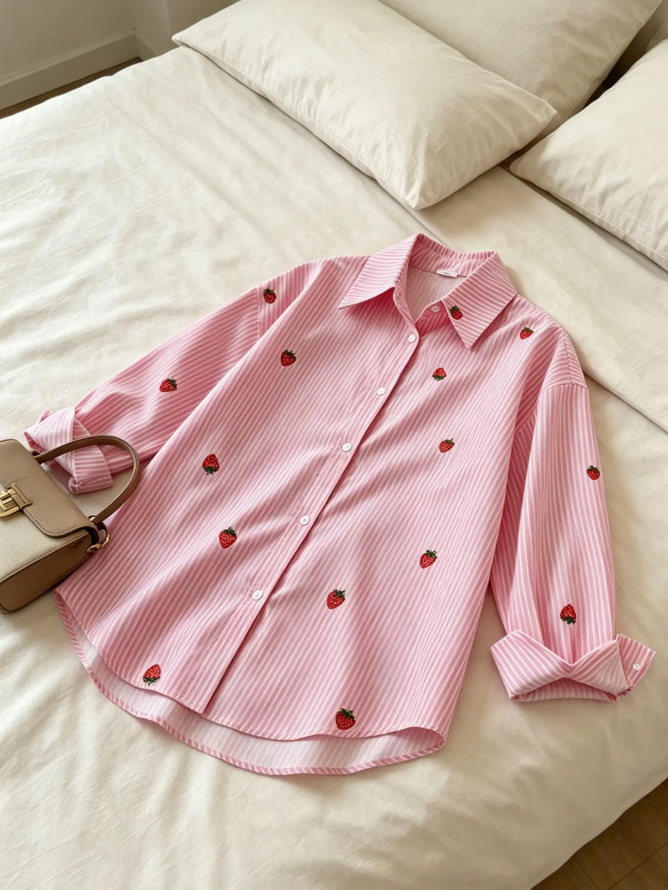 A fashionable pink strawberry striped Long Sleeve shirt for women, Breathable Cute Tops, Casual Top, with a hanging fabric that is breathable and suitable for commuting, shopping, outdoor activities, indoor and outdoor wear