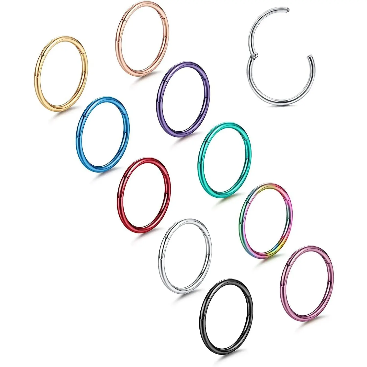 10 Pcs 316L Surgical Steel Hinged Segment Clicker Circular Hoops - 16G,18G,Easy Opening Hinged Closure,Casual Everyday Wear Unisex Body Jewelry Set for Septum Daith Tragus Rook Lip Helix Cartilage Nose Ear, Multi-Size, Segmented, Hoop Earrings