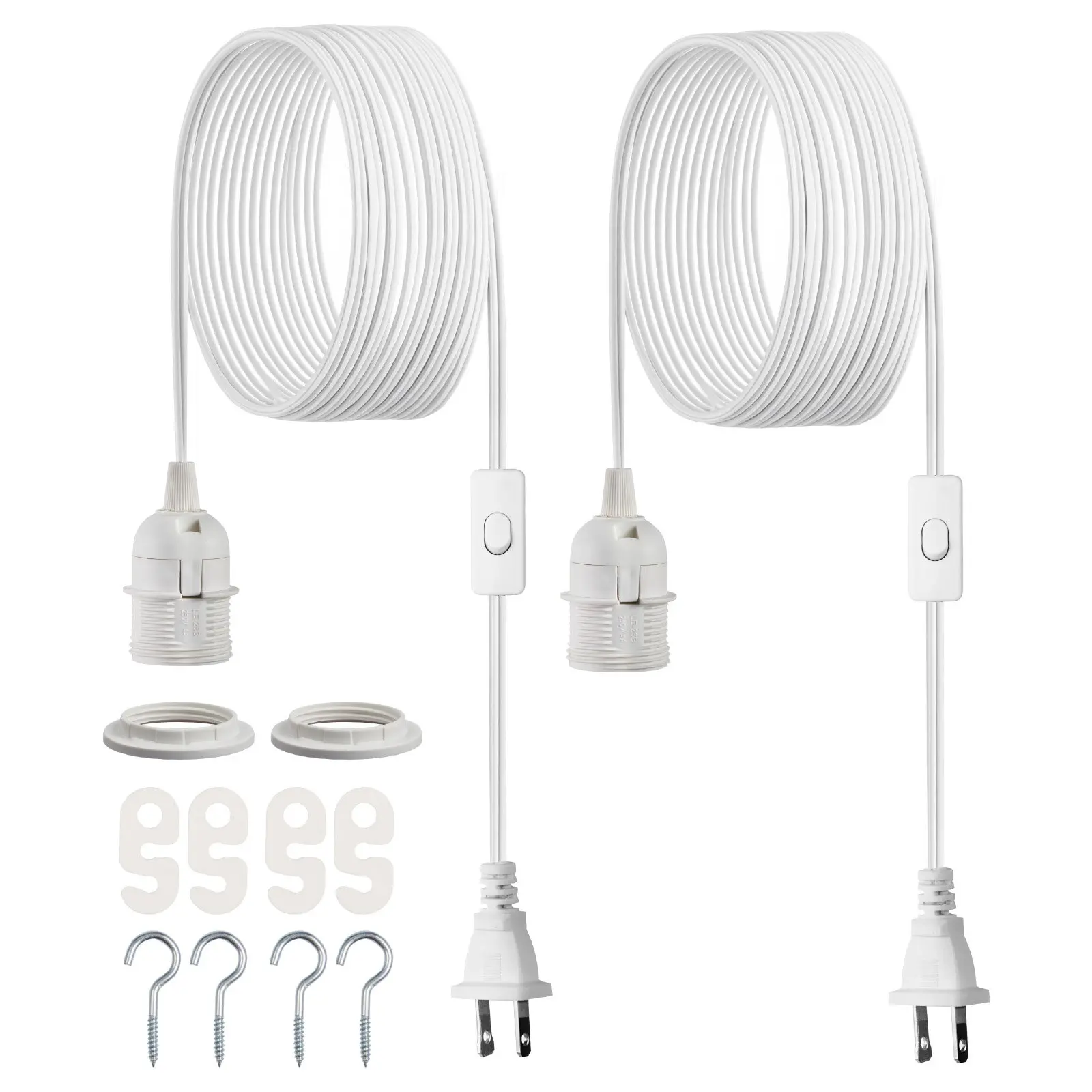 Plug in Hanging Light Cord Kit, 16ft Lantern Extension Cords, 2 Pack E26 Light Socket Lamp Cord Replacement, Secure Sturdy, Easy to Install, Pendant Lamp Kit On/Off Switch Socket Rings