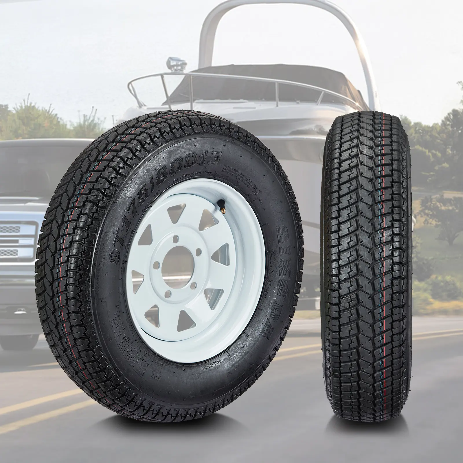 OP-Heavy Duty 2-Pack Trailer Tire and Wheel Set - ST175/80D13 Tires with 5 Lug 4.5" White Spoke Steel Wheels - 6 Ply Bias, Load Range C - For Light & Medium Duty Trailers