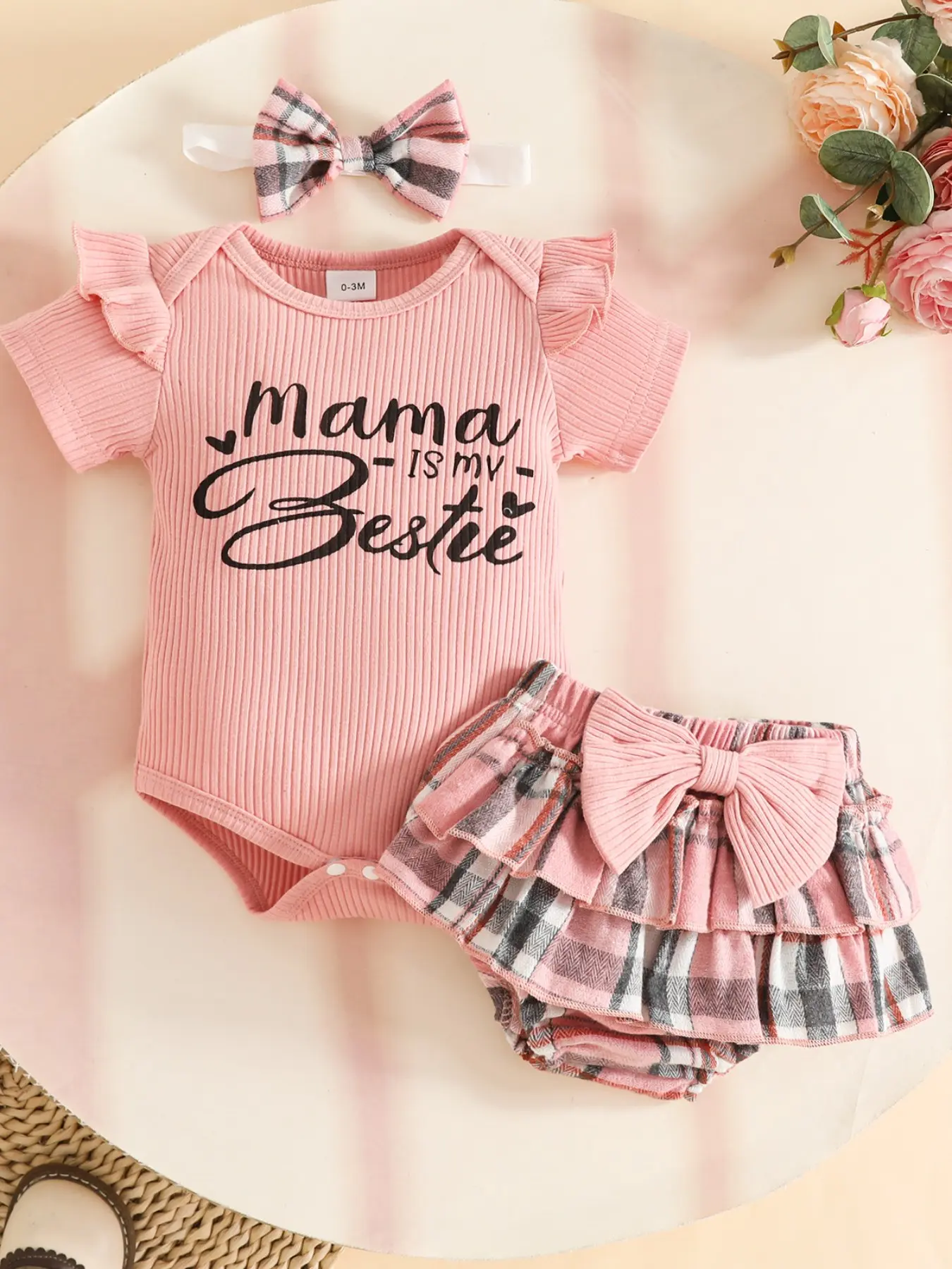 3-Piece Baby Girl Summer Set, Short Sleeve Letter Top, Plaid Ruffle Shorts, Hairband, Cute Slim-Fit, Ages 0-1 Year