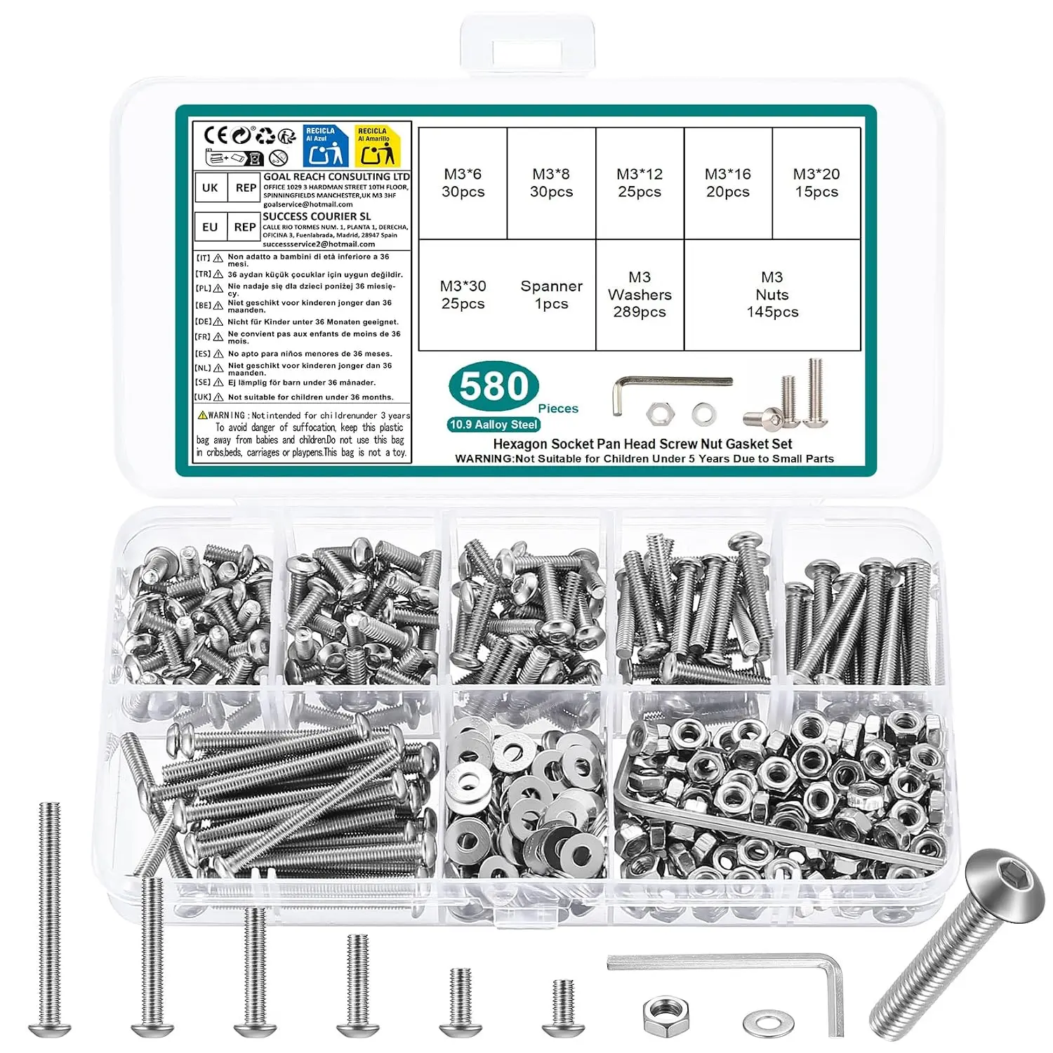 580 count M3 Screws  Kit, Metric Nuts and   Kit, Hex Socket Button  Cap Screw  and Nuts Kits, Hex Socket Screw Set, Machine Screws Set, with Spanner()