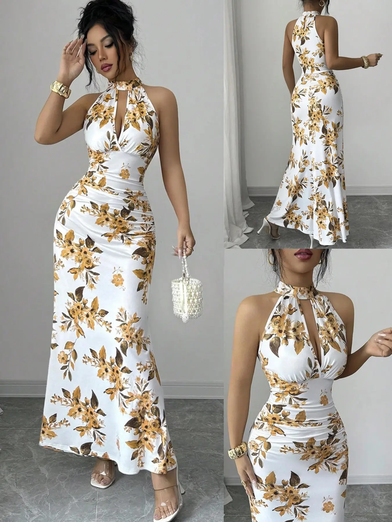 Women's Halter Neck Square Neck A Line Midi Dress, Beige Sleeveless High Waist Flared Long Dress, Elegant Floral Old Money Outfit for Wedding Guest Dresses, Brunch, Date Night, Vacation, Party, Daily, Trendy Summer Streetwear for Ladies