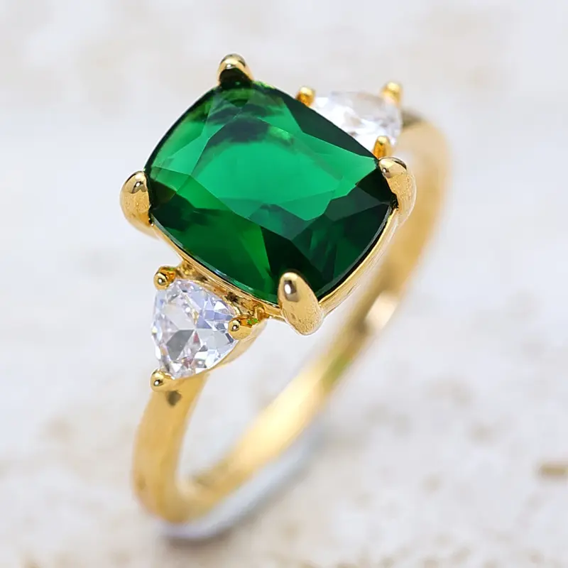 Engagement Ring for Women, Gold-Plated Cushion Cut Created Emerald Solitaire with Elegant Teardrop CZ Accents, Statement Bridal Band, Emerald Solitaire Engagement Ring, Statement Band, Cubic Zirconia, Casual, Solitaire Gem