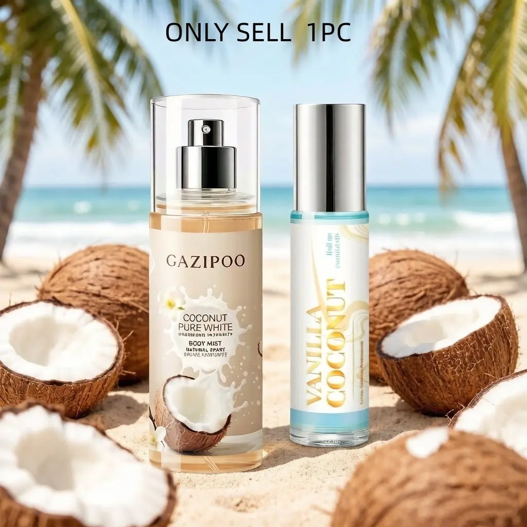 Coconut Milk Spray + Vanilla Coconut Roll-On Oil, Creamy Fruit Scent, Gentle Coconut Salt Scent, Woody Base Note, Perfume Liquid, Fruity Aromatic Fragrance, Fruity Sweet Fragrance, Beach Perfume Oil