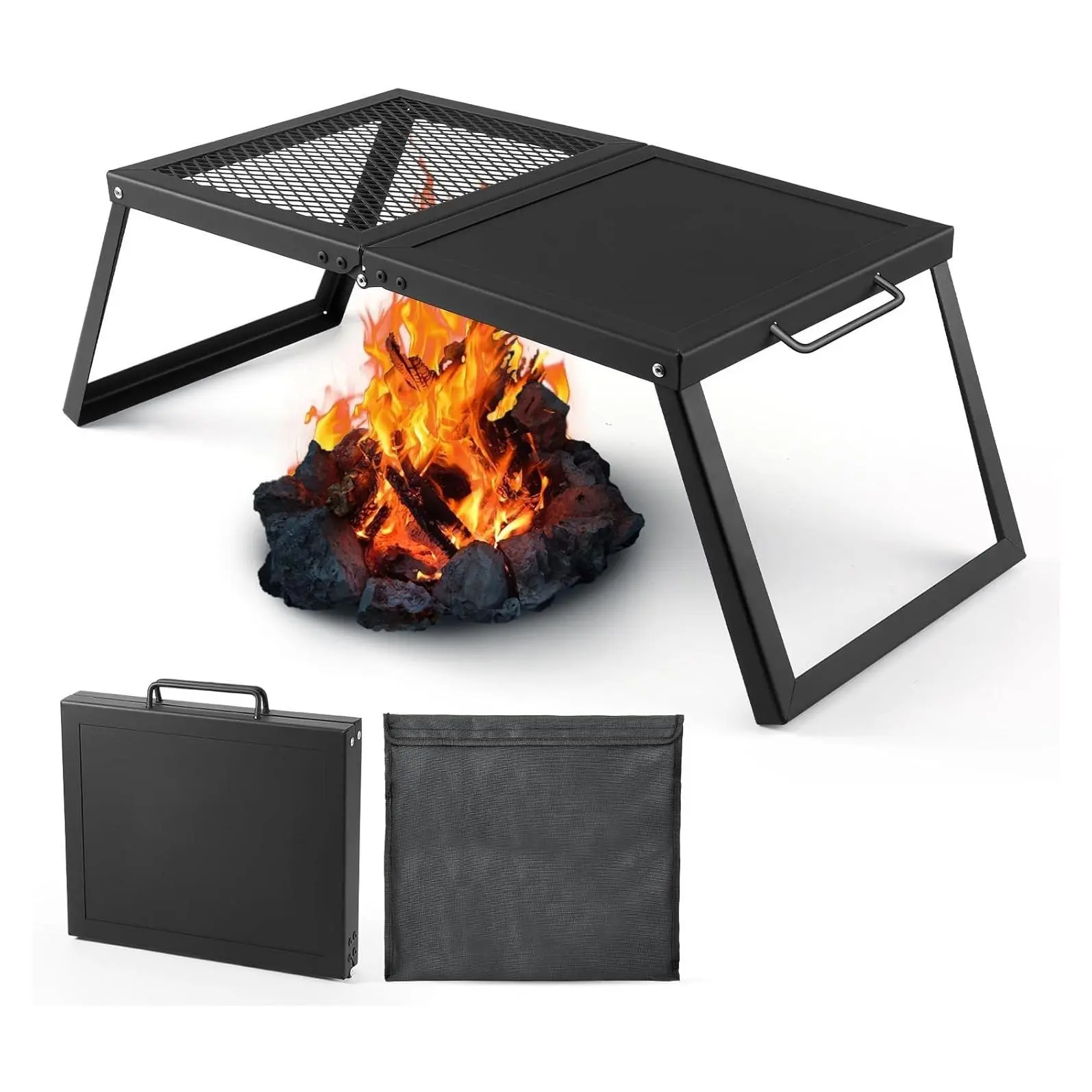 Portable Heavy Duty Steel Mesh Campfire Grill with Folding Legs & Storage Bag - Outdoor Cooking Grate for Bonfire, Barbecue, CampingGift