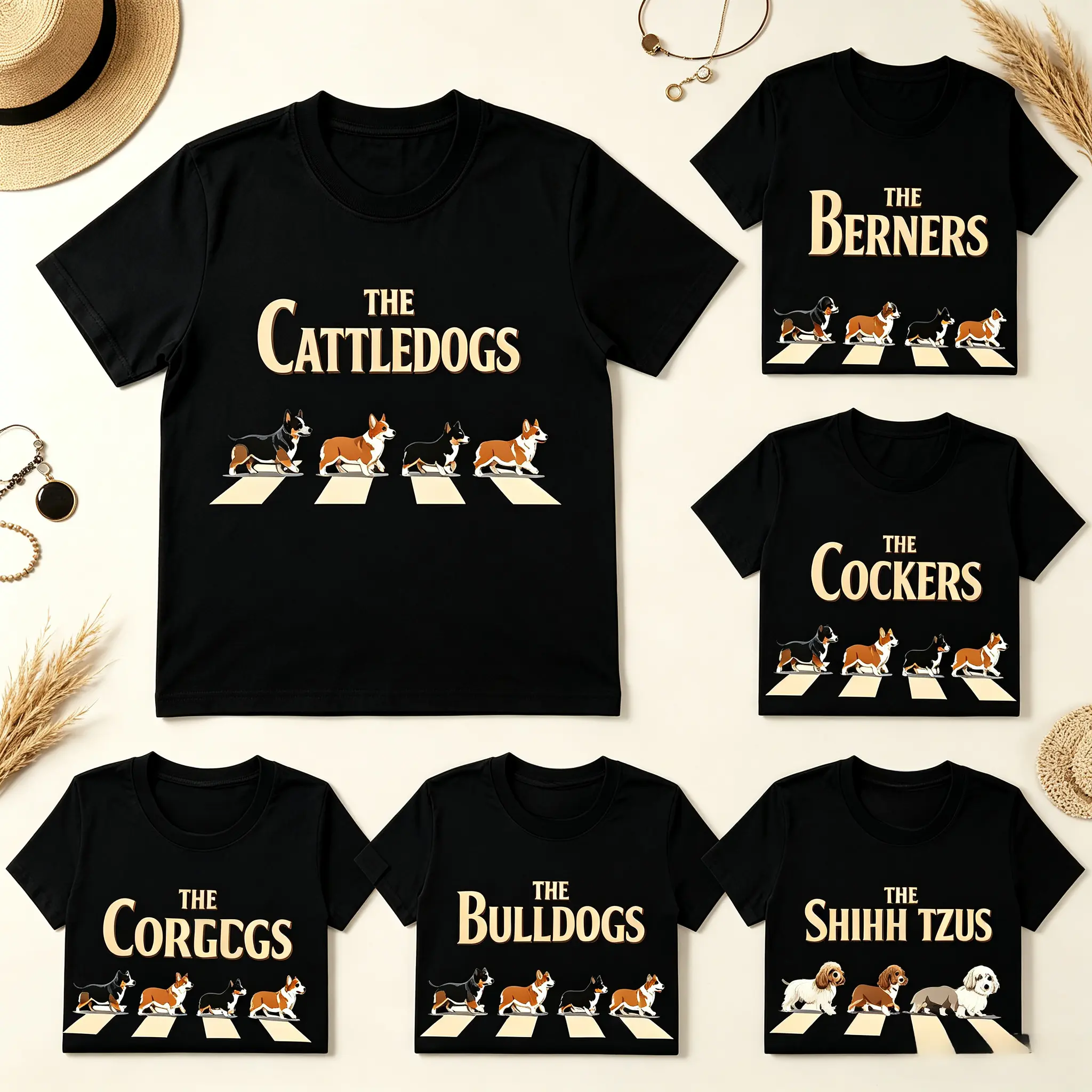 Customized retro dog T-shirts, featuring over 50 dog breeds, including Corgis, German Shepherds, Dachshunds, Golden Retrievers, Labrador Retrievers, Poodles, and more. Black T-shirts for men and women with dog designs.