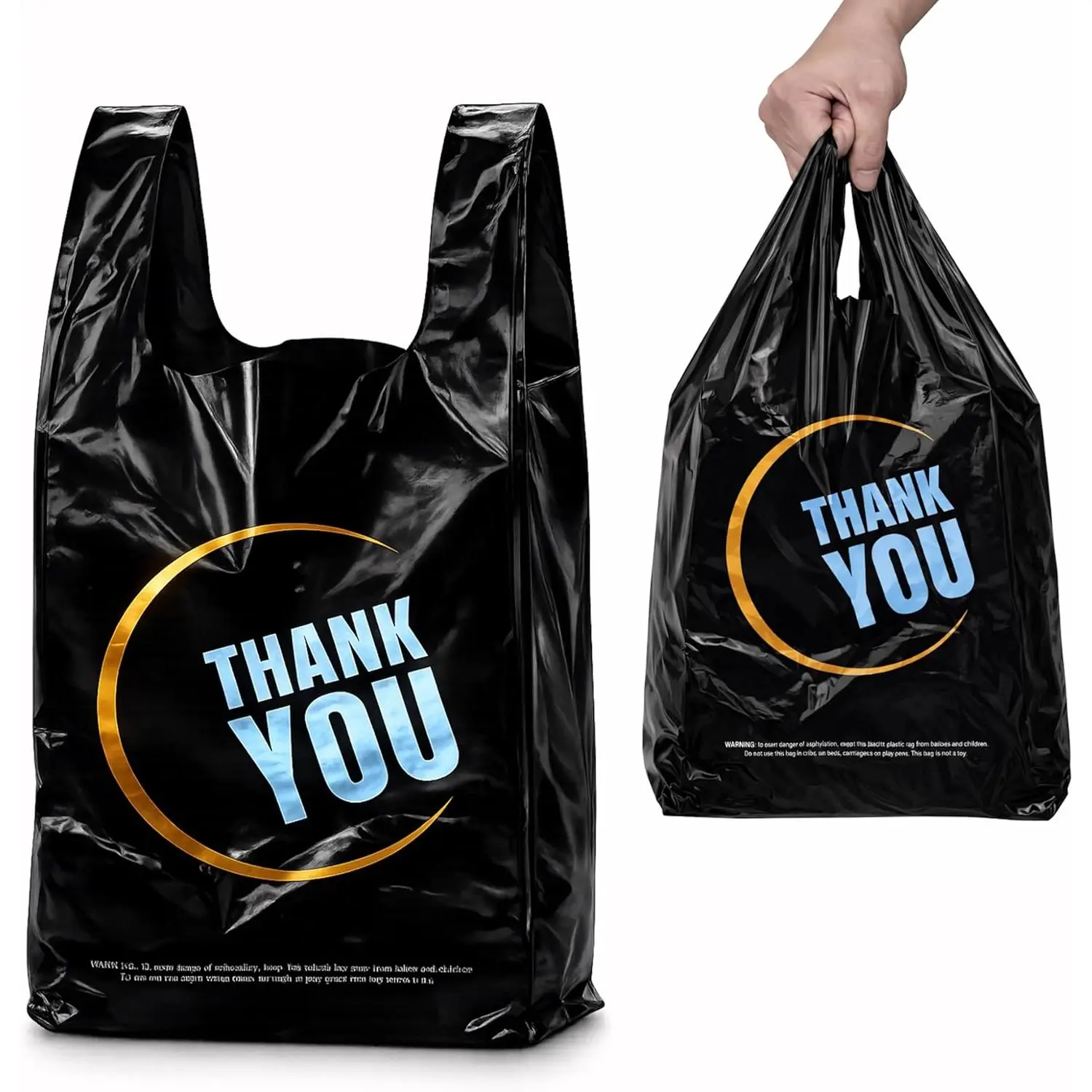 100 Count Plastic Bags - Black T Shirt Bags with Handle for Retail Shopping and Supermarket Use