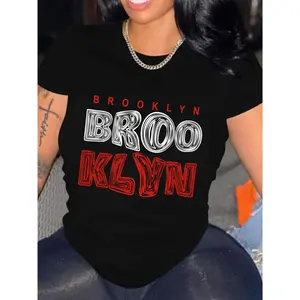Plus Size, Women's Plus Size Brooklyn 3D Letter Graphic T-Shirt - Oversized Black Casual Top with Bold White & Red Print, Breathable Pure Fabric, Round Neck All-Season Comfort, Machine Washable Urban Streetwear for Casual Attire & NYC-Inspired Outfits, Sp
