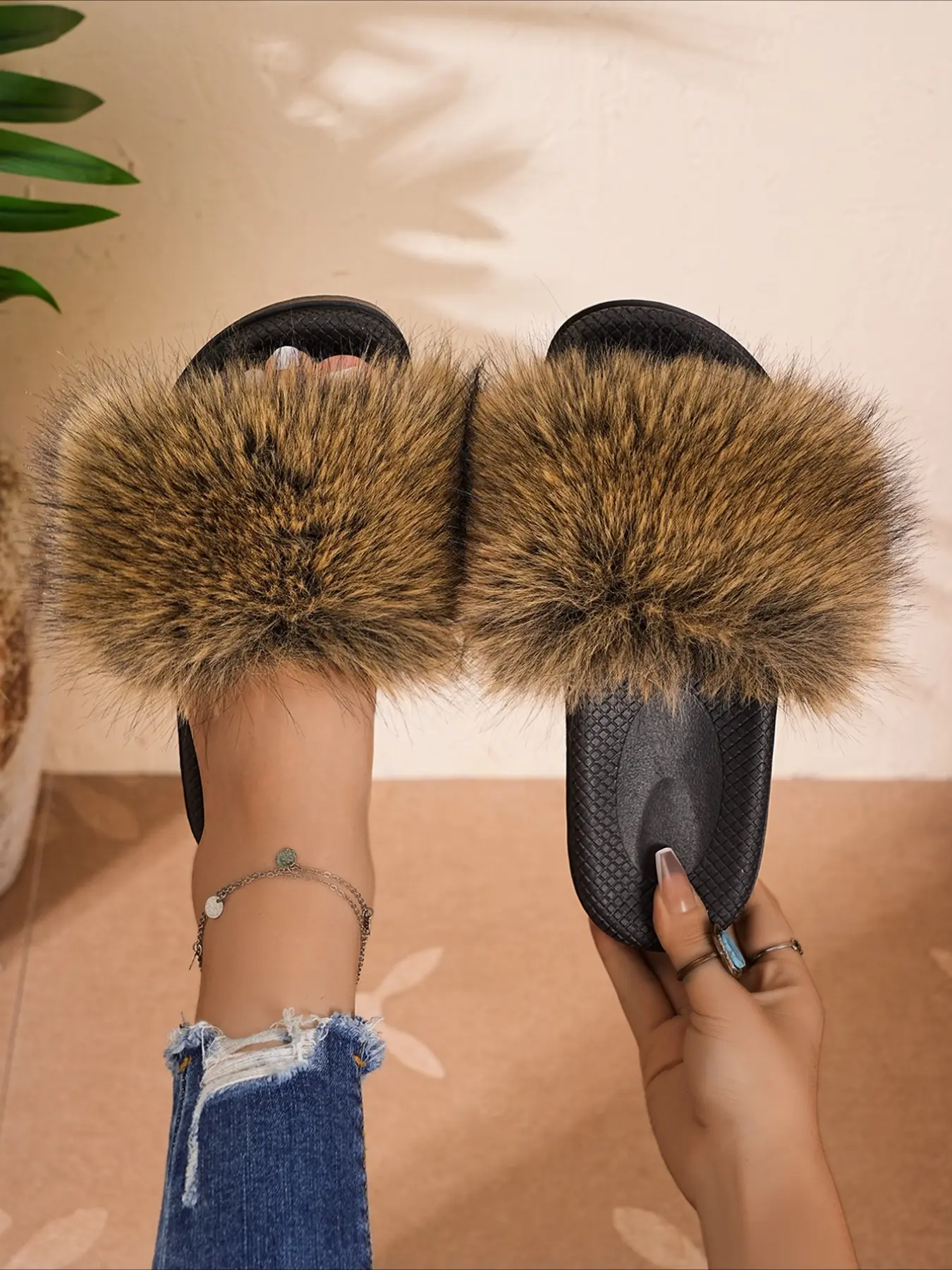 Fluffy fur slide sandals Women with soft flat sole multiple fur colors trendy for home and outdoor summer wear Footwear