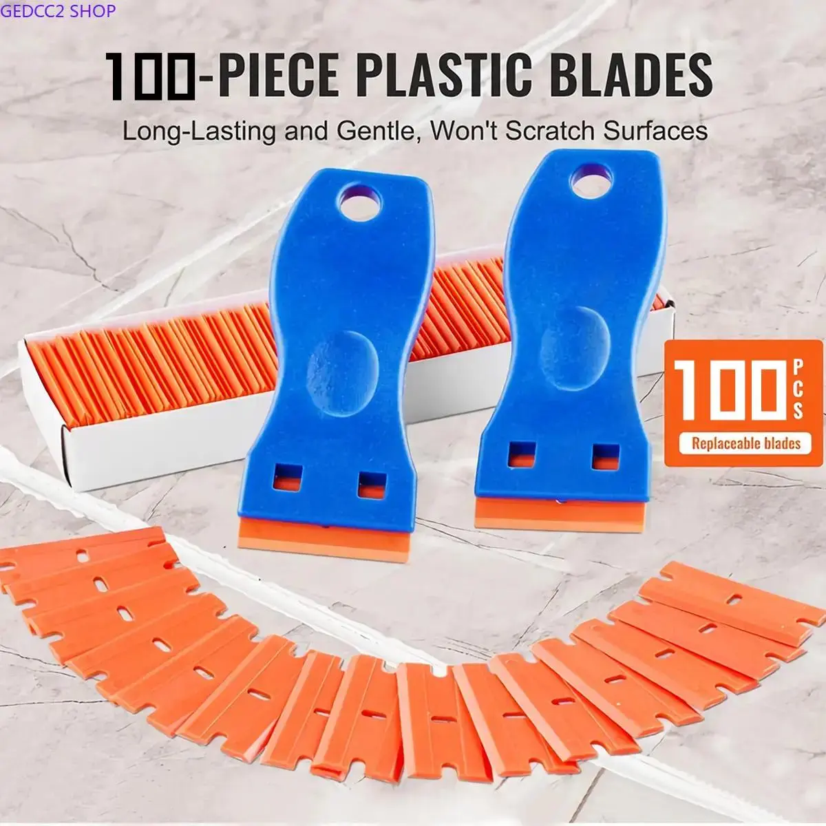 Plastic Razor Blade Scraper, 2PCS Scraper Tool, 100PCS Plastic Blades, for Cleaning Scraper Remover for Stickers, Decals, Adhesive, Labels, Paint from Glass, Car, Window, Caulk, No Scratches, Blue