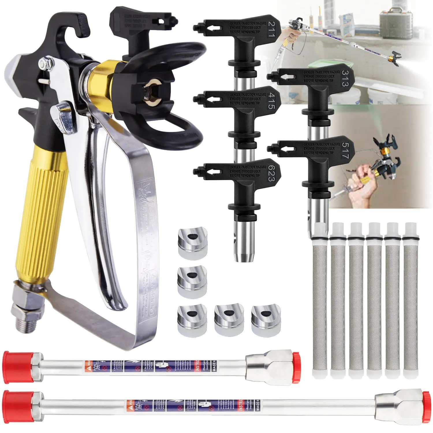 3600 PSI High Airless Paint Sprayer Gun with Nozzle Holder and with 5 Spray Nozzle Tips and 6 Airless Paint Sprayer Gun Filters and 7.9Inch(20CM)& 11.8Inch(30CM)Spray Painted Extension Pole (211 313 415 517 623)