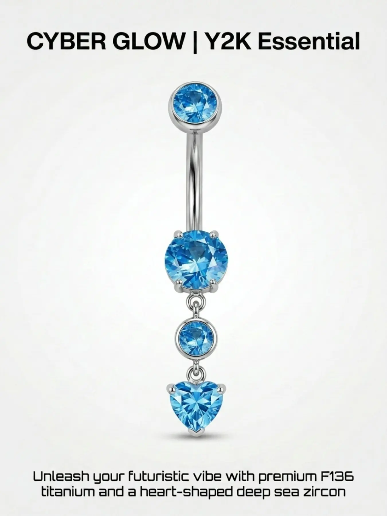 F136 Titanium Belly Button Ring G23 Navel Piercing Deep Blue Zirconia Sparkling Zircon Inlay Heart Top Internally Threaded Y2K Cyber Glow Cyberpunk Jewelry for Women Implant Grade Hypoallergenic Body Jewelry Hot Girl Summer Fashion Accessory