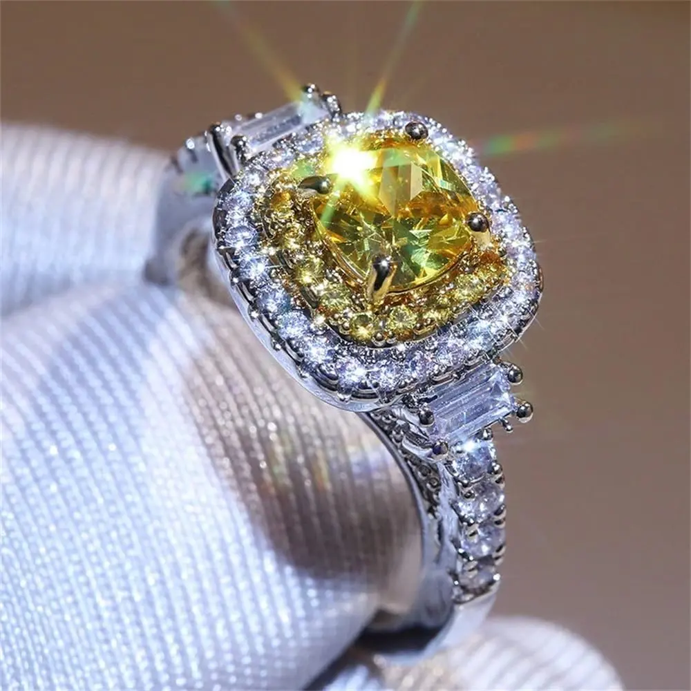 925 Sterling Silver Full Diamond Ring 18K Gold Shiny Citrine Ring Square Cut Cubic Zirconia Promise Rings CZ Yellow Gem Cocktail Rings Eternity Engagement Wedding Band Ring  Women Z.46 (US Code 7)