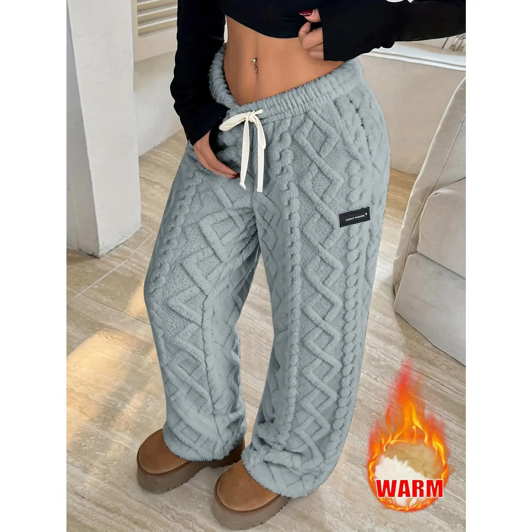 Women's Thick Warm Casual Pants with Velvet Texture Jacquard Fabric | Adjustable Drawstring Waist, Home/Outdoor Mixed | Winter New Style (Machine Washable)