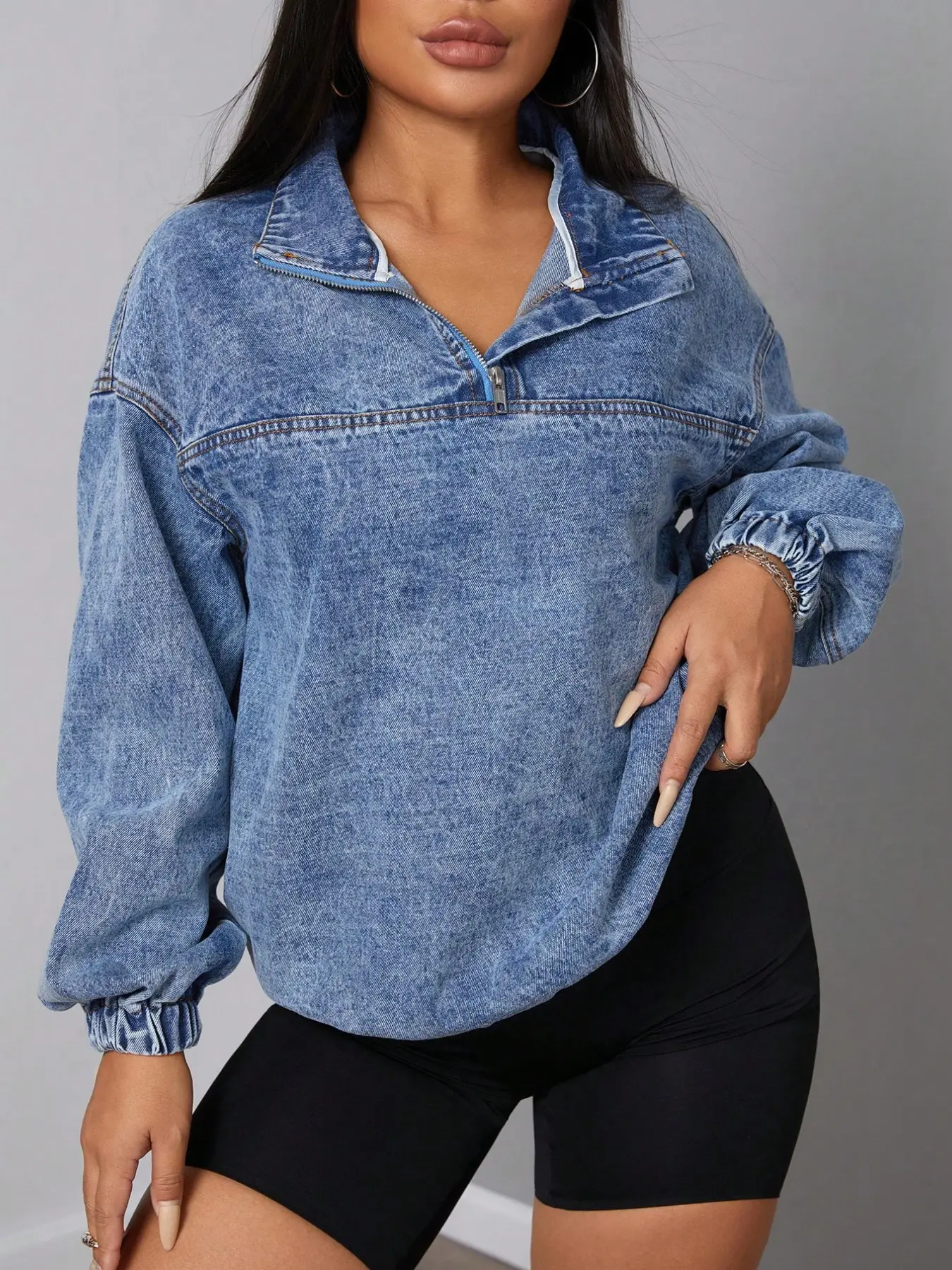 Women's Denim Jacket with Half Zipper and Standing Collar, Loose Fit Drop Shoulder Long Sleeve Top, Washed Vintage Pullover Outerwear Coats