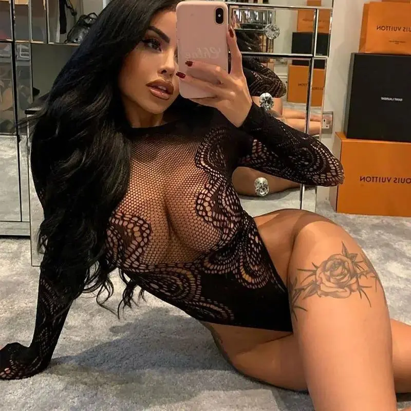 Women Round Neck Sheer Mesh Hollow Bodysuit Lingerie, Easy Wear Romantic Glamorous Intimate Set, Elastic Breathable Fabric for Nightwear Dating Party