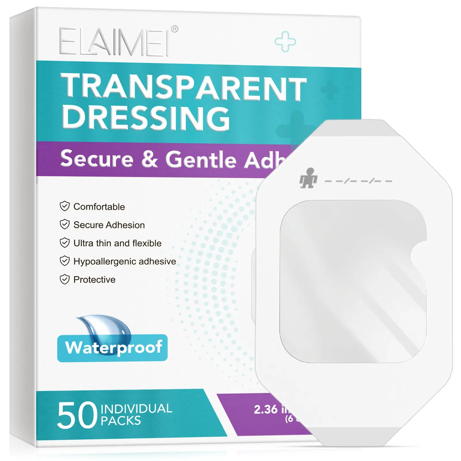 Elaimei Transparent Film Dressing 2.36x2.75in 50pcs, Waterproof Skin Care Patch for Tattoos, Breathable PU Film, Daily Protection