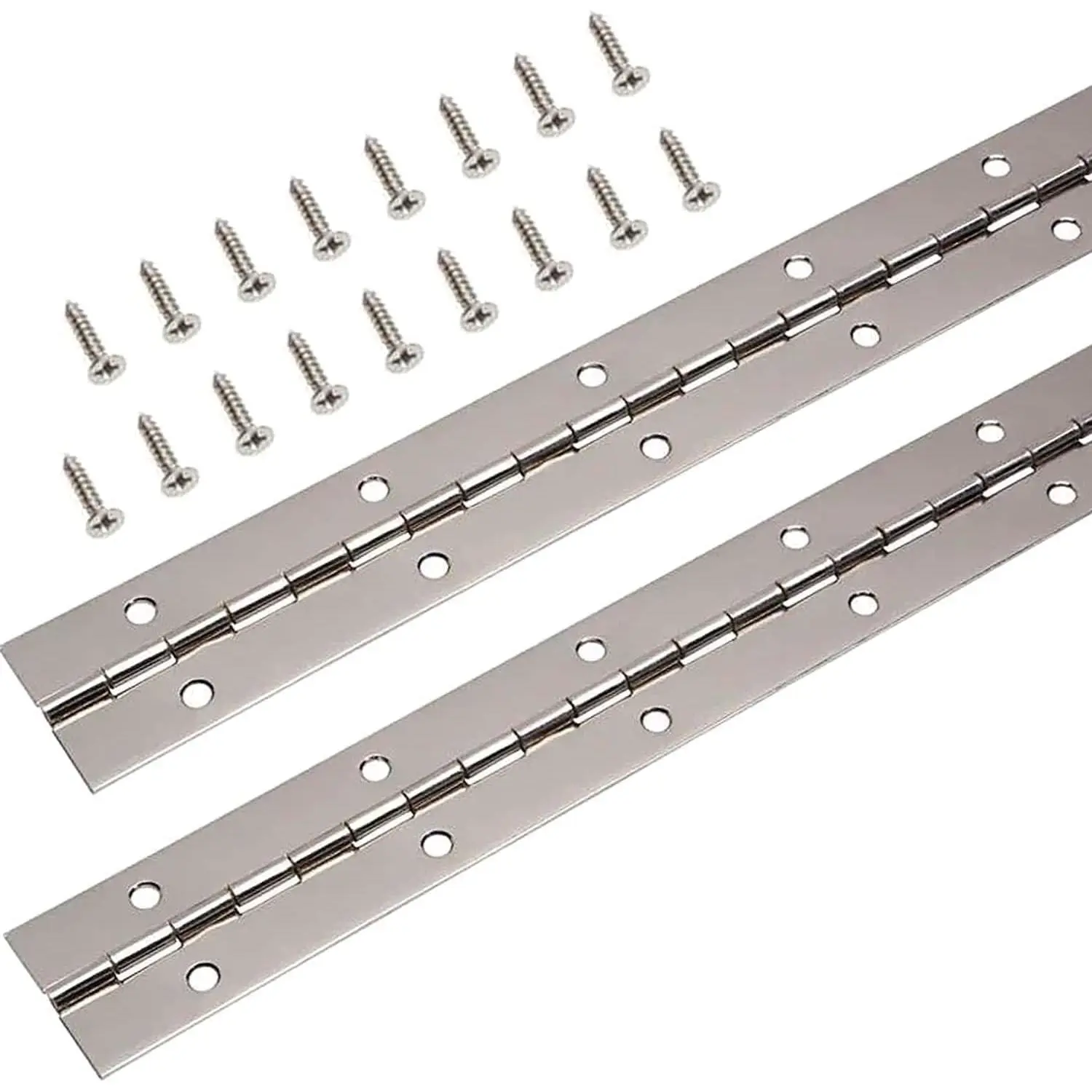 2Pcs 12in Stainless Steel Continuous Piano Hinges with Holes & Screws, Heavy Duty Polished for Boat Doors, Cabinets, Storage Boxes (Silver), With Screws