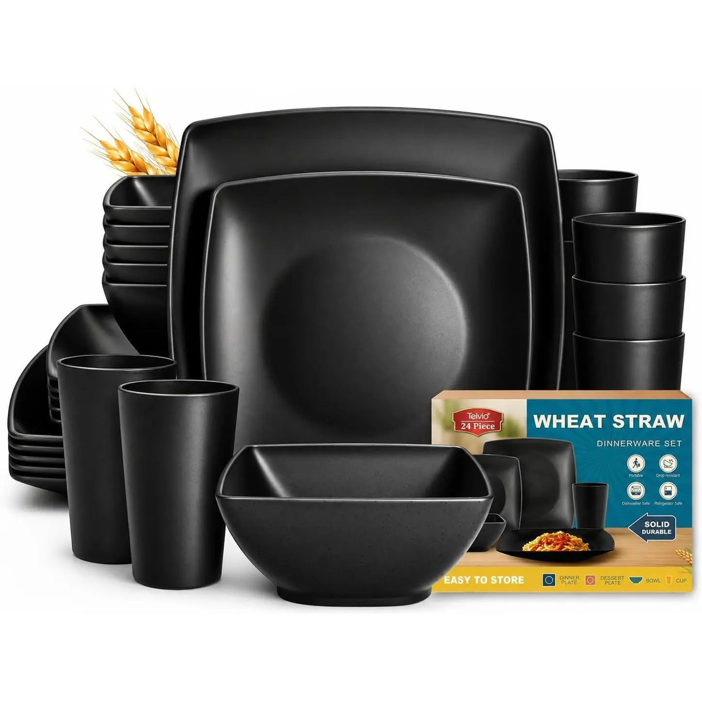 6-Person 24-Piece Square Plastic Wheat Straw Tableware Set - Unbreakable Dinner Plates, Salad Plates, Snack Bowls, 13.5oz Tumblers, Dishwasher Safe, Outdoor Camping, Picnic Use, Square Plates