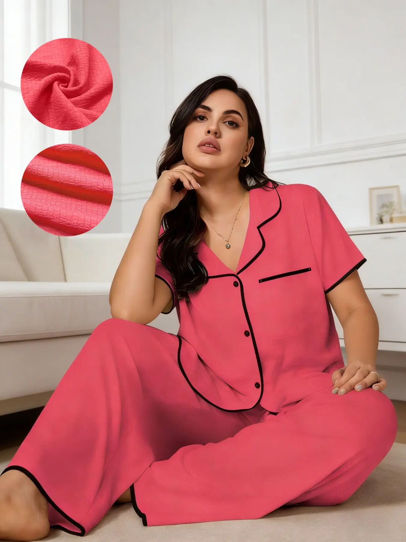 Women's Plus Size Colorblock Lapel Short Sleeve Top and Long Pants Set, Casual Loose Fit Home Wear & Loungewear, Perfect Relaxation Choice