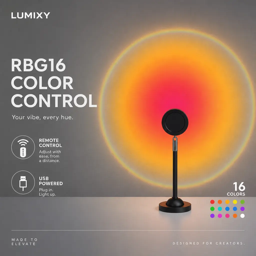 16-Color Sunset Projector Lamp - USB-Powered, Remote-Controlled, 360° Rotatable RGB LED Light with HD Crystal Lens, Professional Indoor Photographic Lighting for Content Creators