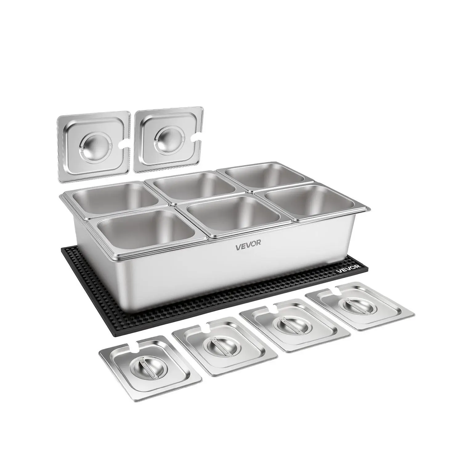 VEVOR Ice-Cooled Restaurant Buffet Food Serving Container, Stainless Steel Detachable Lid Rack with 6x1/6 Pans (6 Pans Set, 6 Pieces), Kitchen Utensils Countertop Condiment Dispenser for Events
