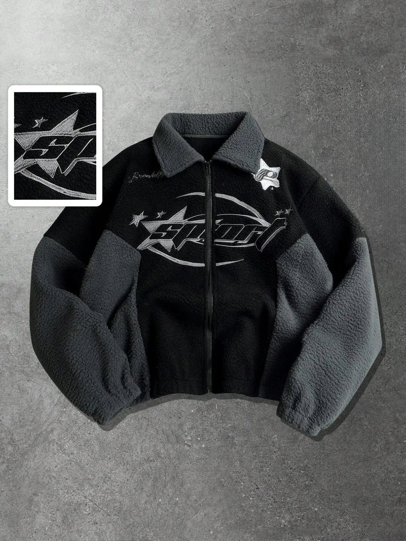 Men’s Star Embroidery Color Block Sherpa Fleece Zip Up Jacket, Vintage Racing Streetwear Oversized Coat 2026 Hot Item, Soft Plush Sherpa Collar & Sleeve Patchwork, Bold Star Sport Letter Embroidery With Patch Decor, Full Zip Lapel Collar Design