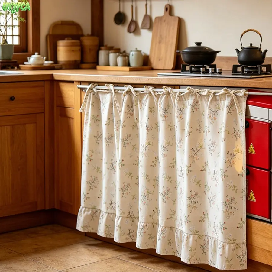 Boho Tie-Top Cotton-Linen Blend Semi-Sheer Ruffled Gingham Plaid Floral Kitchen Under-Sink Curtain - No-Drill Easy-Install Dust-Proof Privacy Short Cabinet Skirt for Farmhouse Decor, 4th of July Accent