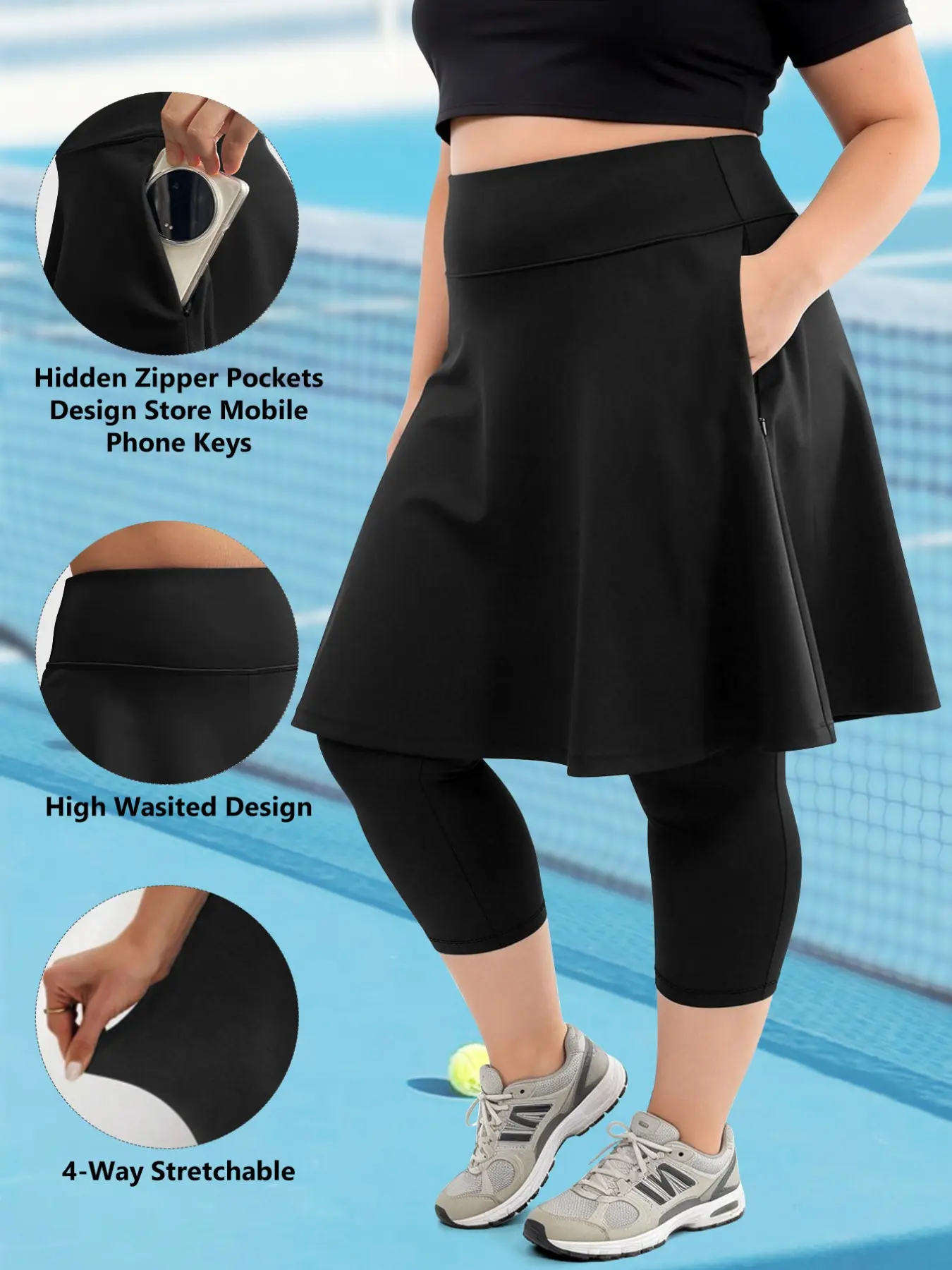 Women's Plus Size High-Waisted Skirt Pants, Side Zipper Pocket Seven-Quarter Leggings, Skirt with Leggings, Pure Color Pleated Hem Design, Casual Fashion