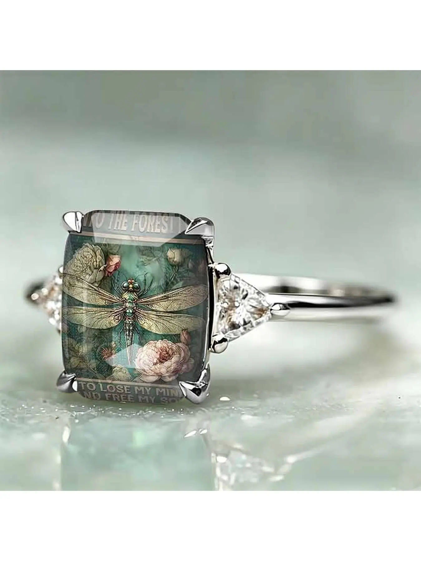 Retro Dragonfly Rose English Slogan Square Ring - Forest-style Floral Insect Illustration Ring - Aesthetic and Unique Decorative Ring for Feminine Eclectic Enthusiasts with Natural Significance as a Gift Item for Jewelry, Nature Inspired Rings