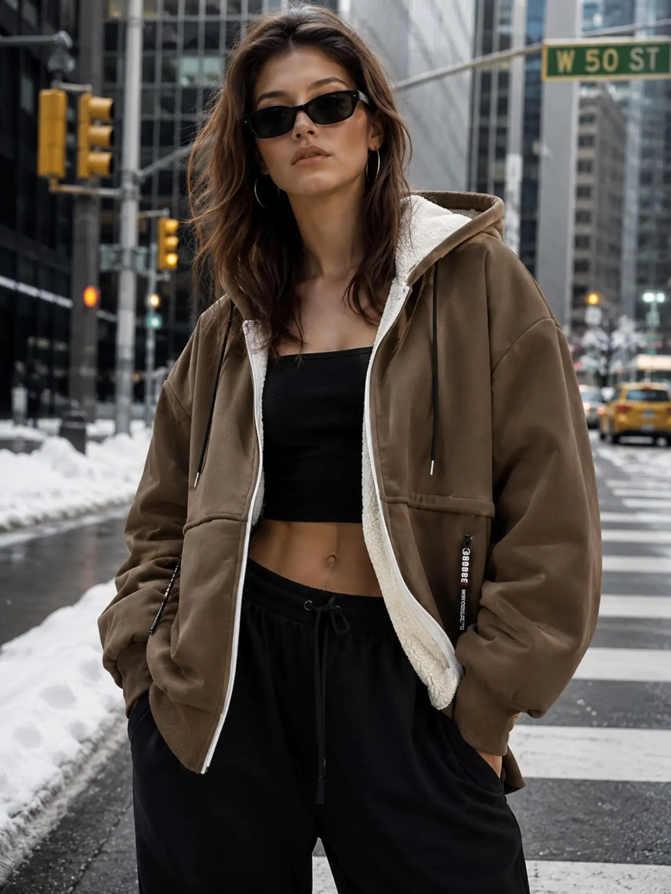 Women's Oversized Sherpa Lined Zip Up Hoodie Jacket, Thick Warm Fleece Lined Hooded Coat, Casual Loose Winter Outerwear with Pockets
