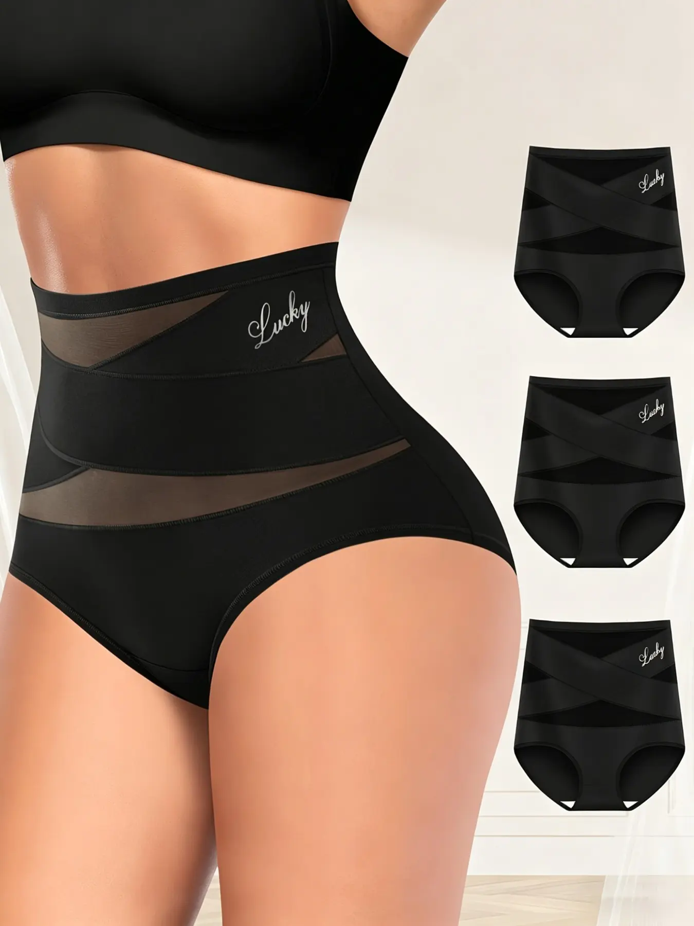 3-Pack High-Waisted Shapewear Briefs, High Waisted Girdles, Breathable Mesh & Cross Compression Fiber, Seamless Butt-Lift Underwear, Pure, All Seasons