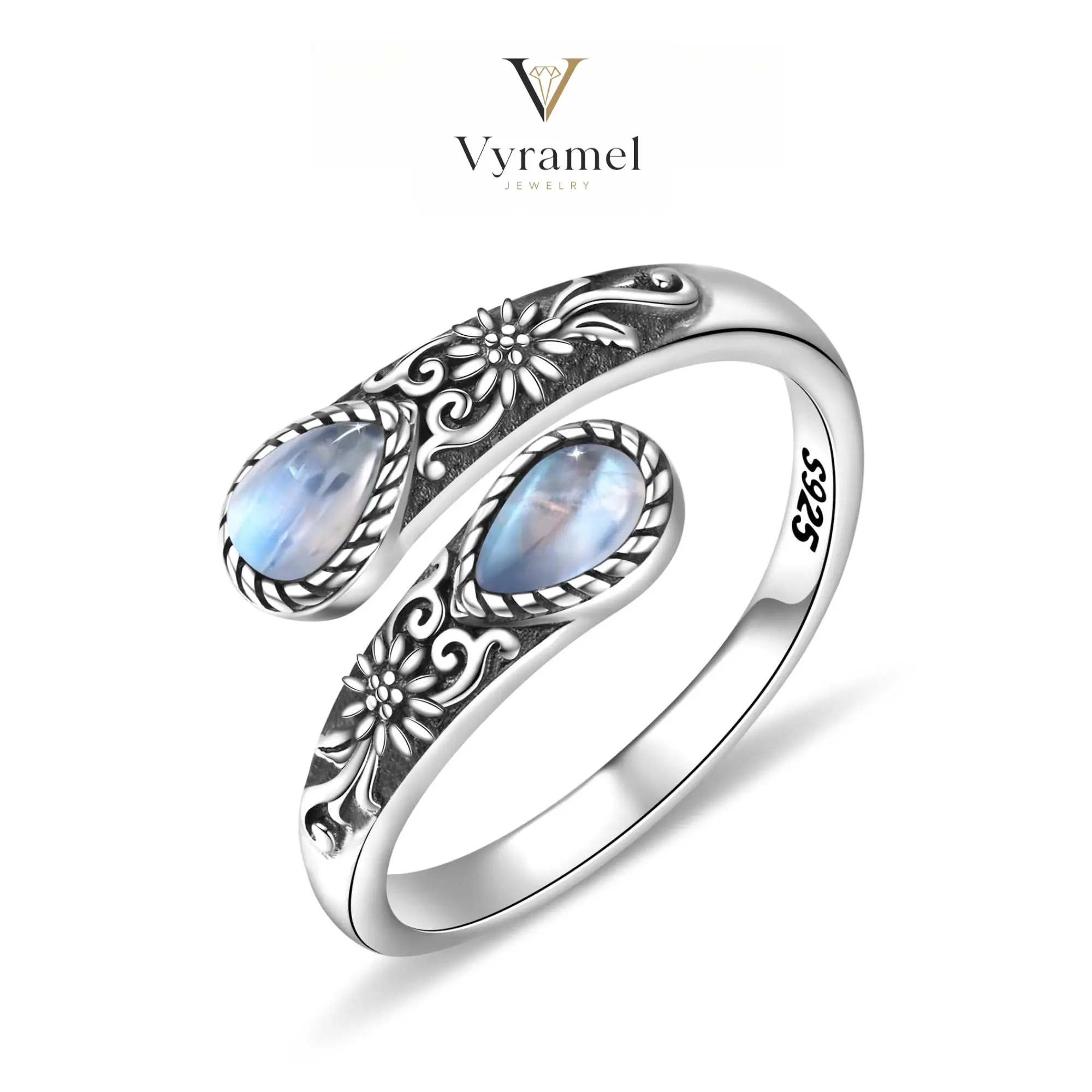 S925 Sterling Silver Moonstone Women's Adjustable Thumb Open Ring, Victoria Vintage Style Hypoallergenic Nickel Free, Retro Floral, Lucky, Faith, Mother's Love Ring, Bohemian Vintage Style, Daily, Party, Holiday, Valentine's Day, Halloween, Easter Gift