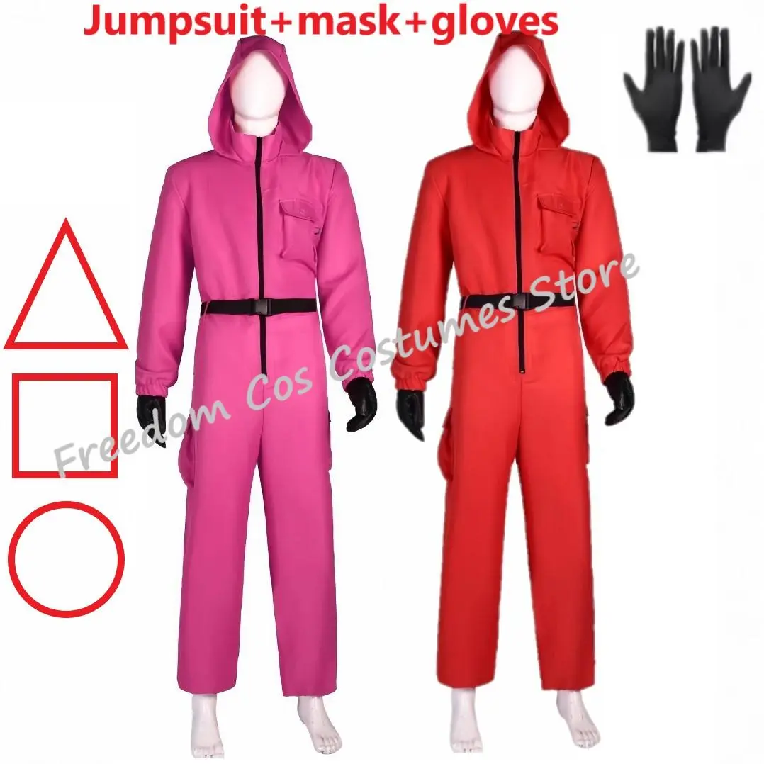 Calamari Game Guard Cosplay Costume Red Jumpsuit Outfit Adult KidsTeenagers Tracksuit Hooded Overall Gloves mask Set Halloween