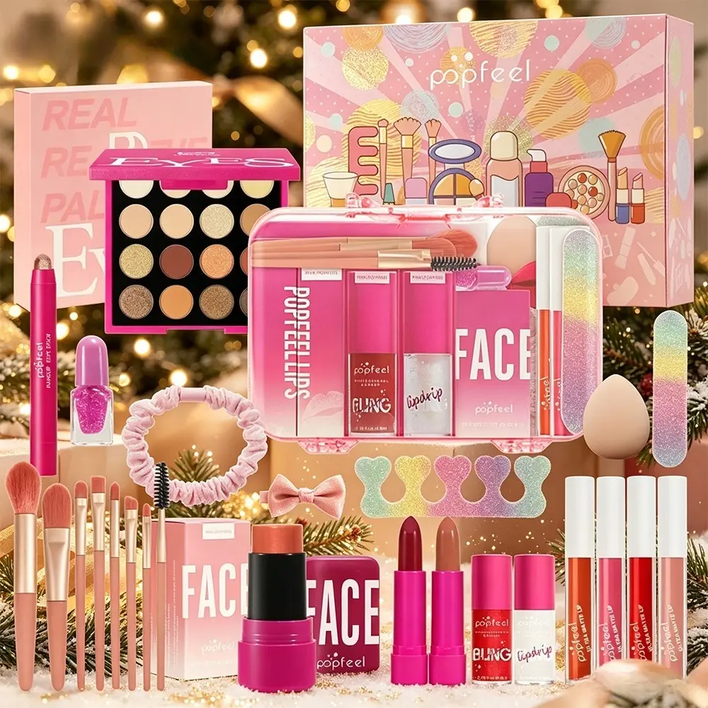 Beginner starter POPFEEL full makeup box, eyeshadow palette plus facial cleansing headband with complete accessories. Soft pigment for clean student makeup and vivid dance stage styles, space-saving thoughtful gift for girls’ birthdays.